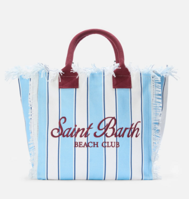 Bolso mano Canvas Vanity rayas azul claro y detalles burdeos.